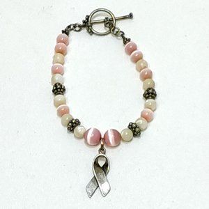 Pandora Cancer Awareness Beaded Bracelet Sterling Silver Ribbon Charm Toggle VTG